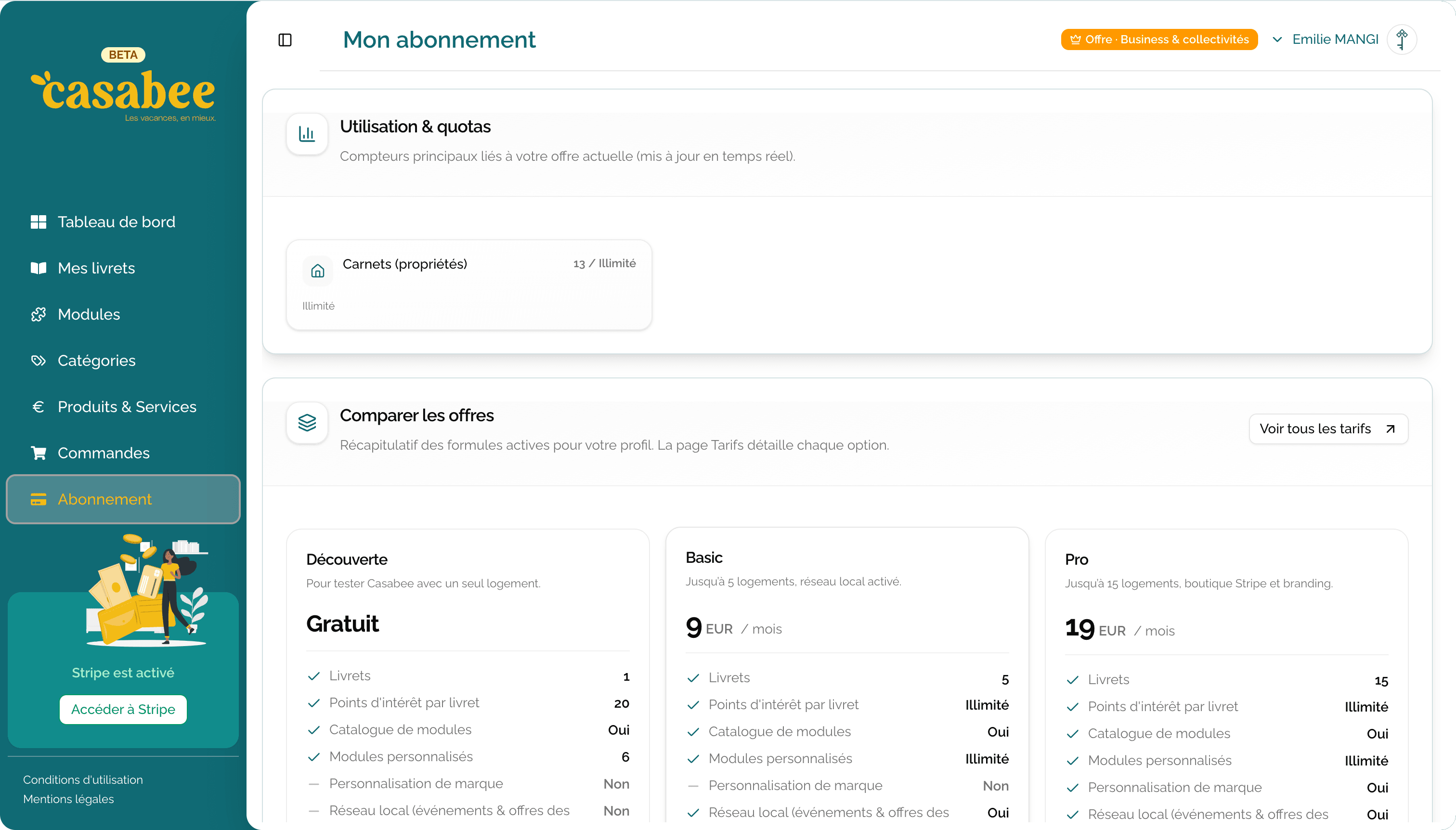 Page abonnement avec plan actuel et quotas