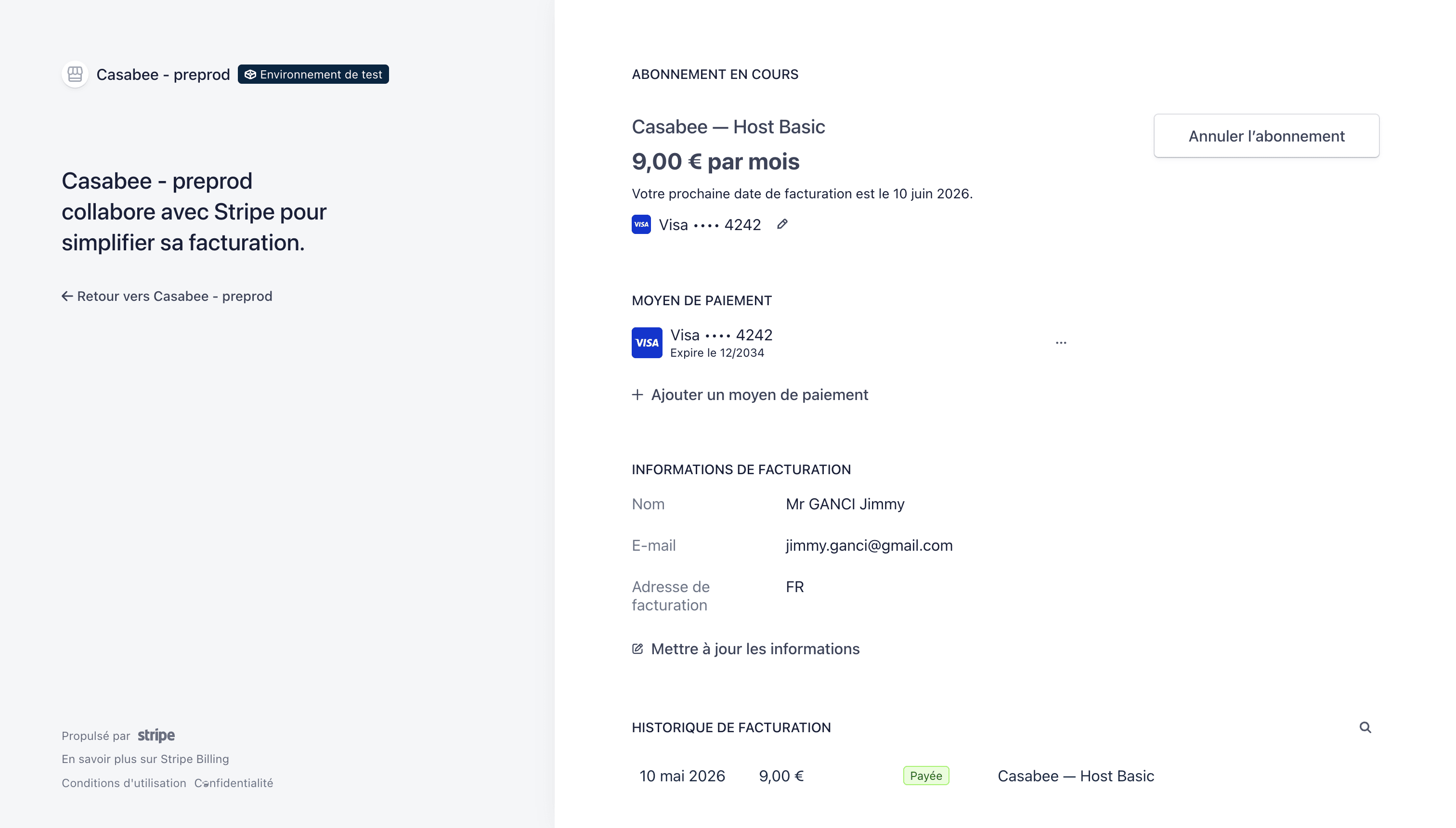 Historial de pagos en el portal Stripe Billing