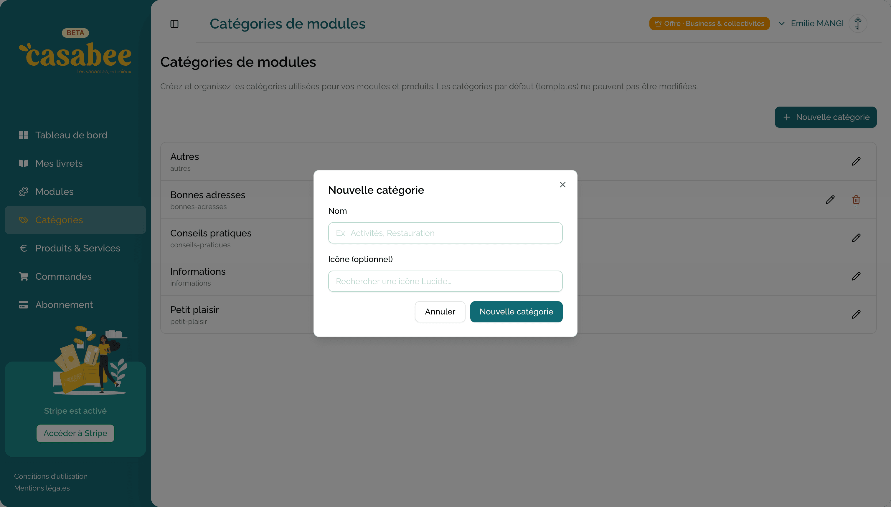 Page de gestion des catégories avec liste et bouton créer
