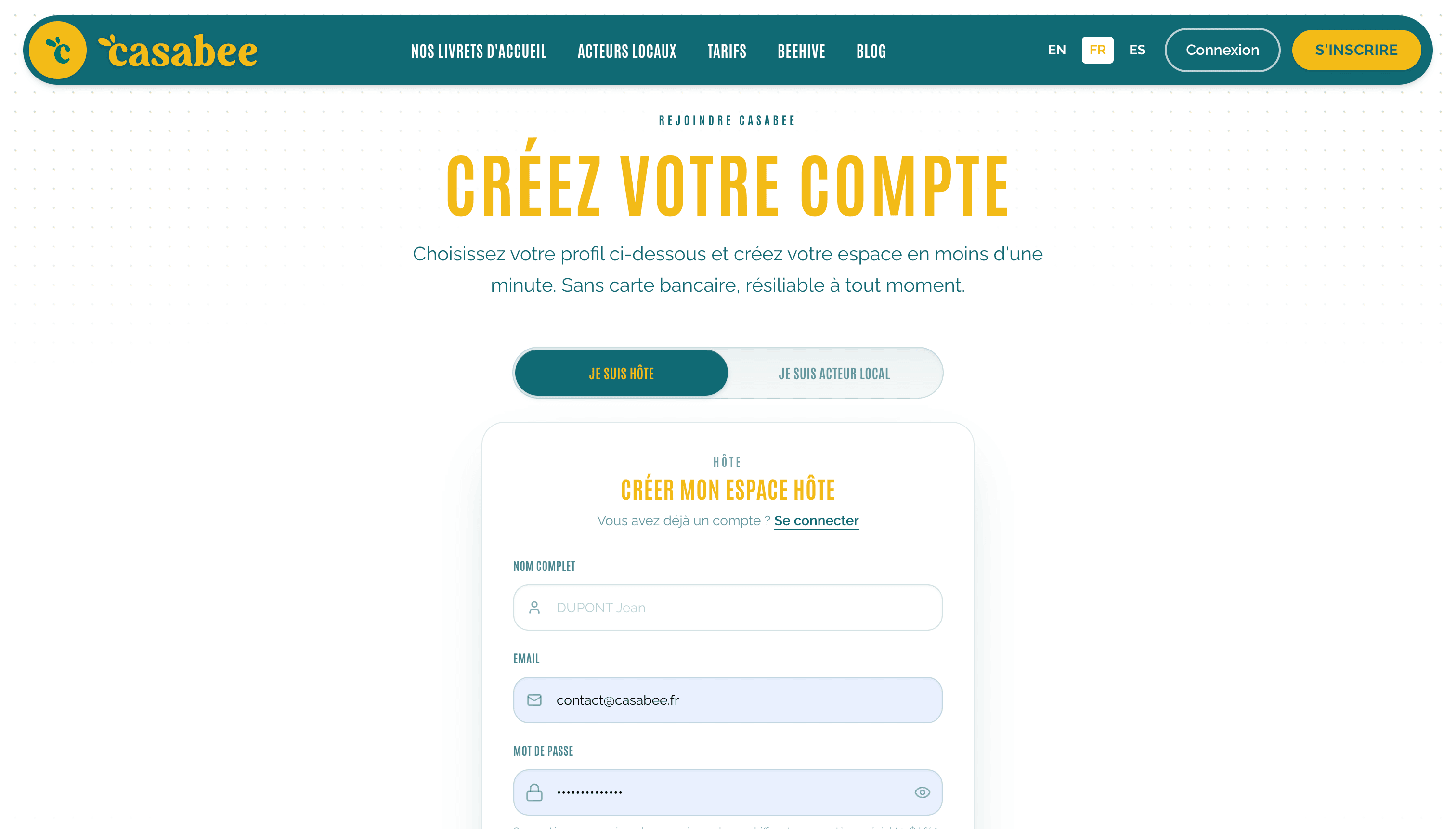 Casabee sign-up form