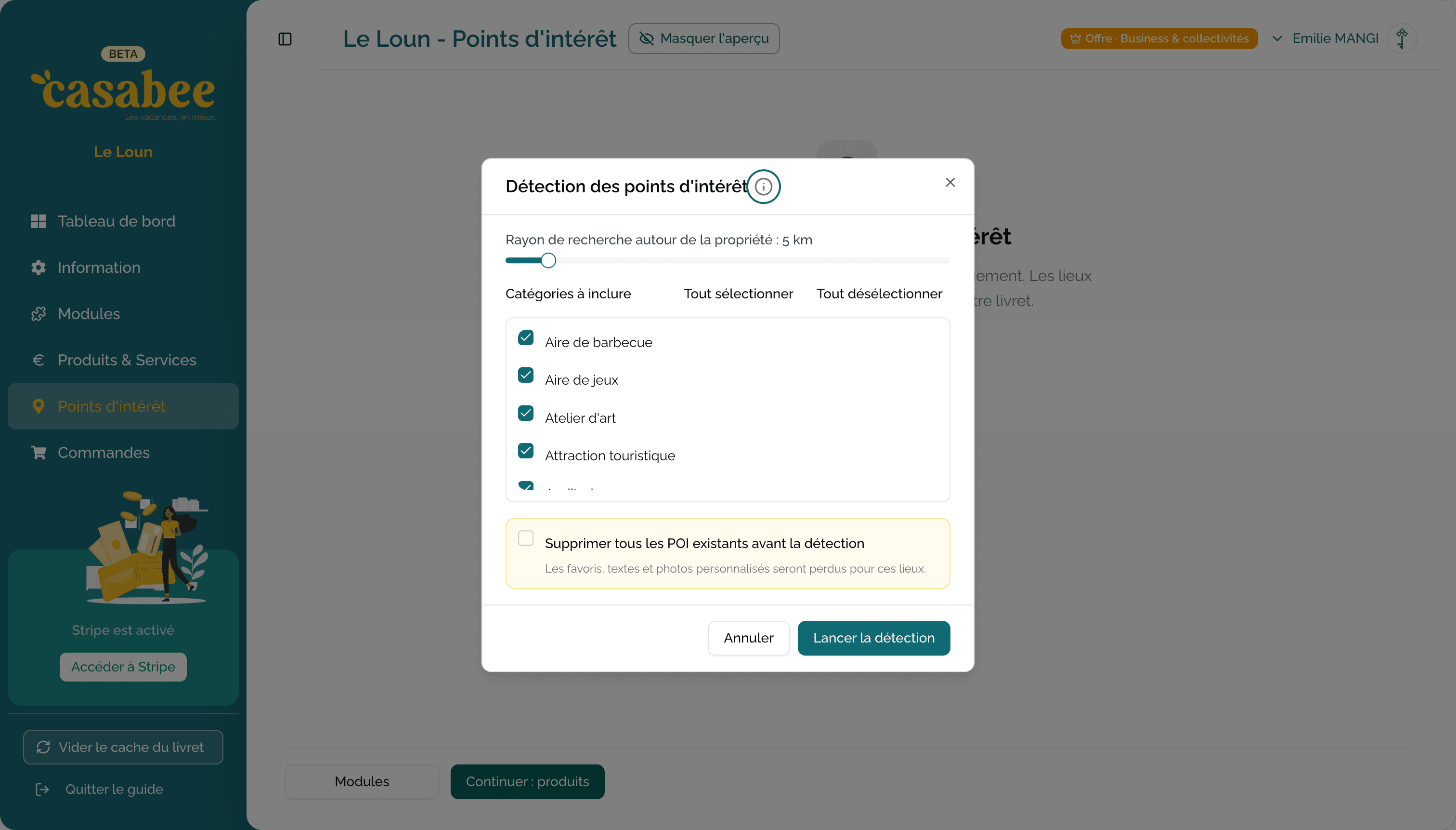 Configuración de la detección de POI: radio y categorías