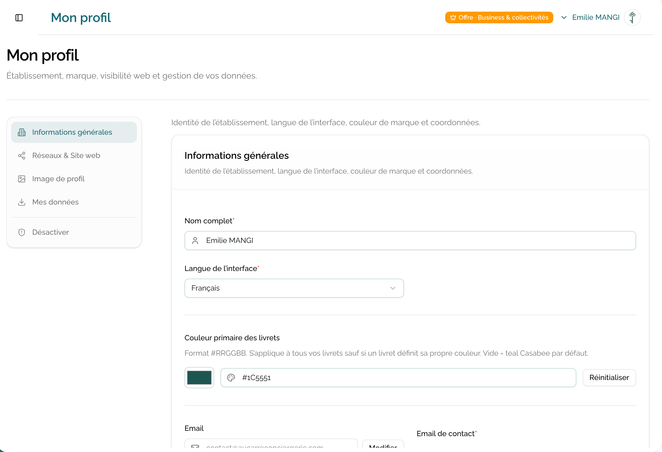 Settings page with its different sections