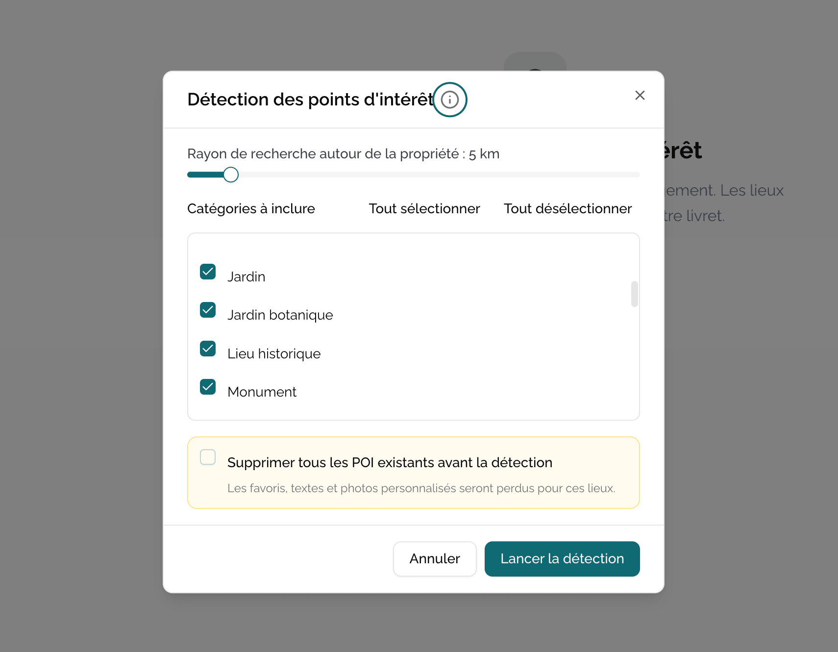 Modal de configuración de la detección automática con radio y categorías