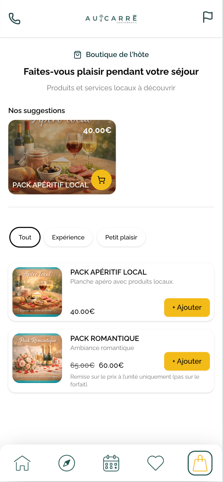 Onglet Boutique d'un livret avec liste de produits