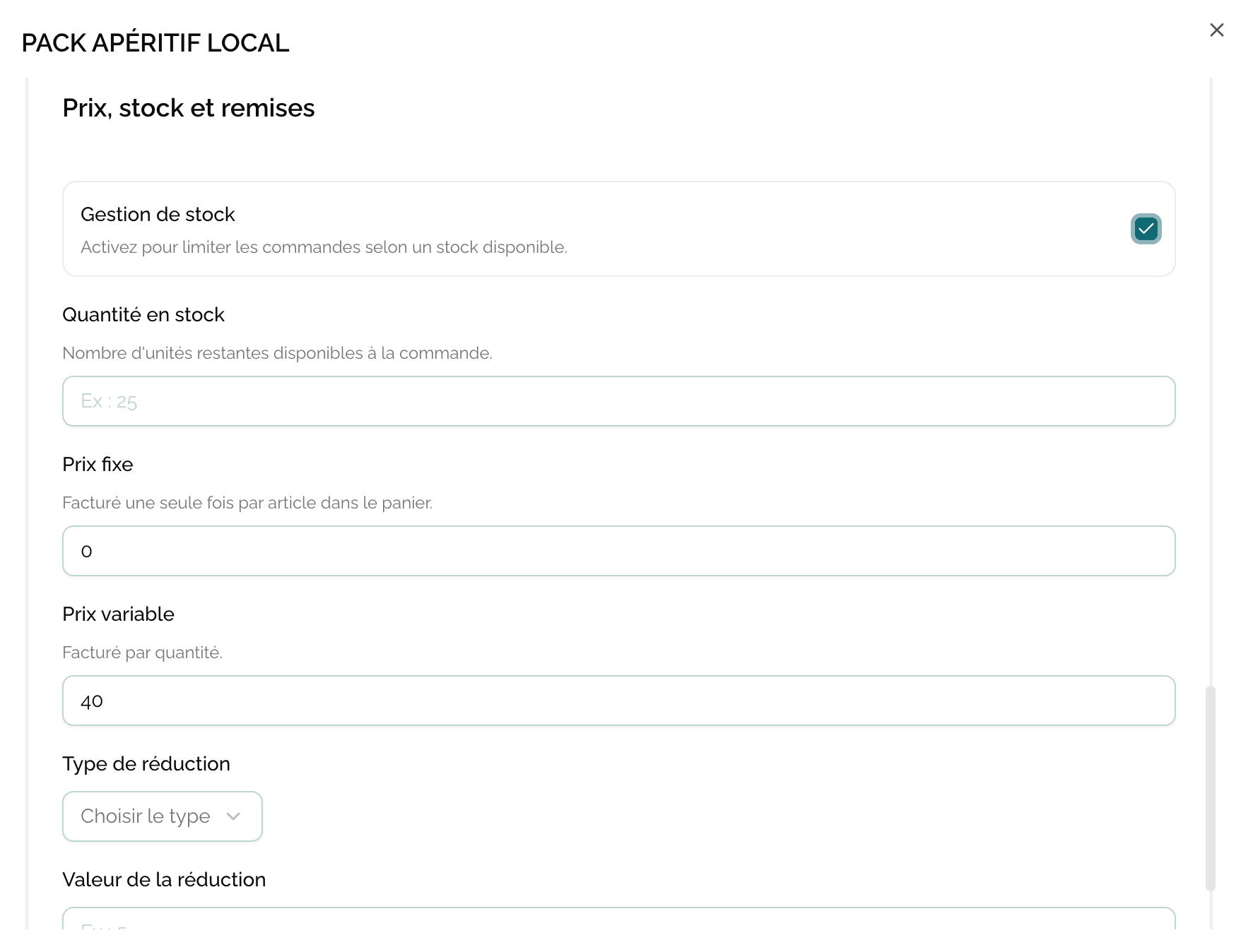 Stock management toggle on the product card
