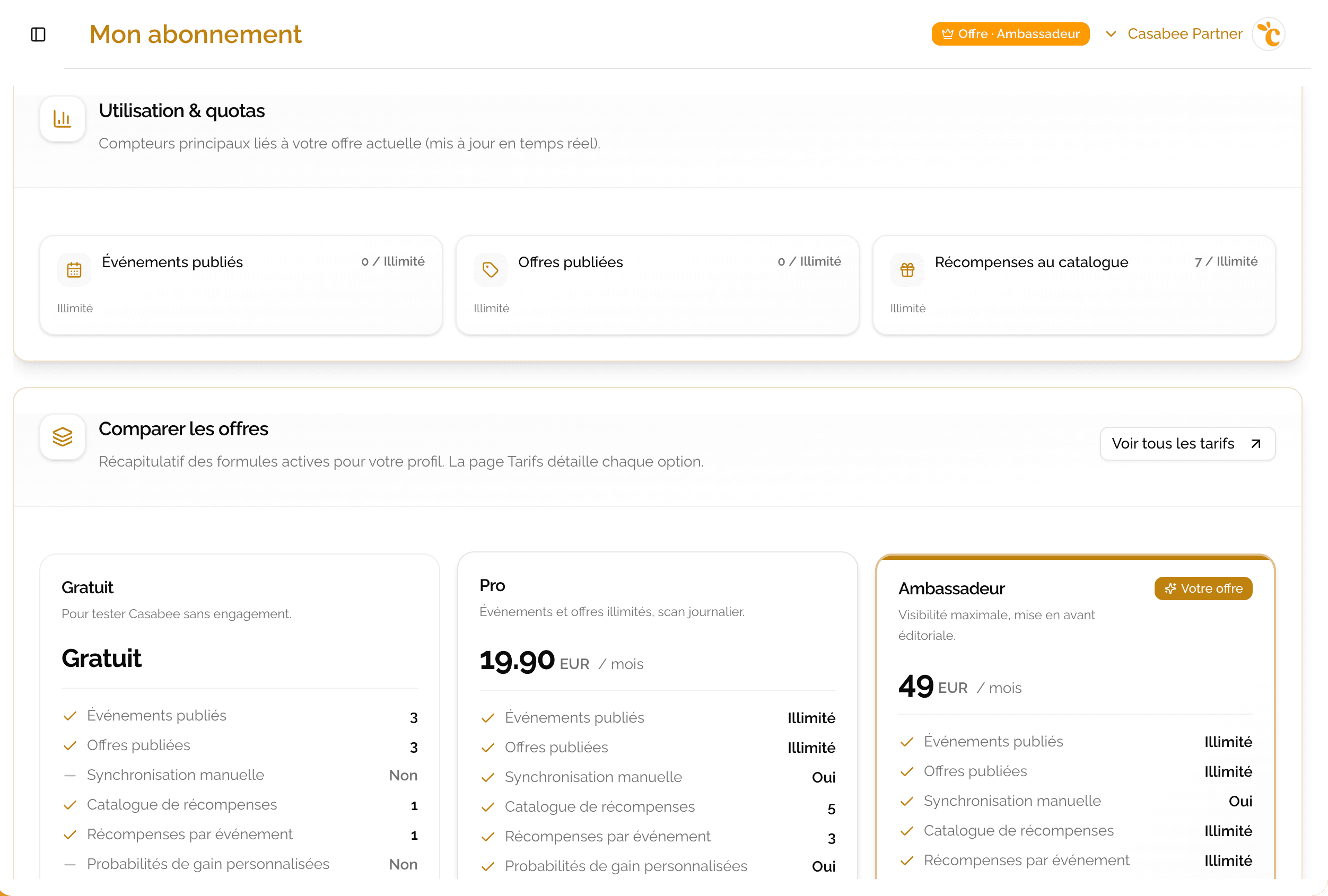 Page abonnement avec jauges d'usage et bouton Changer de plan