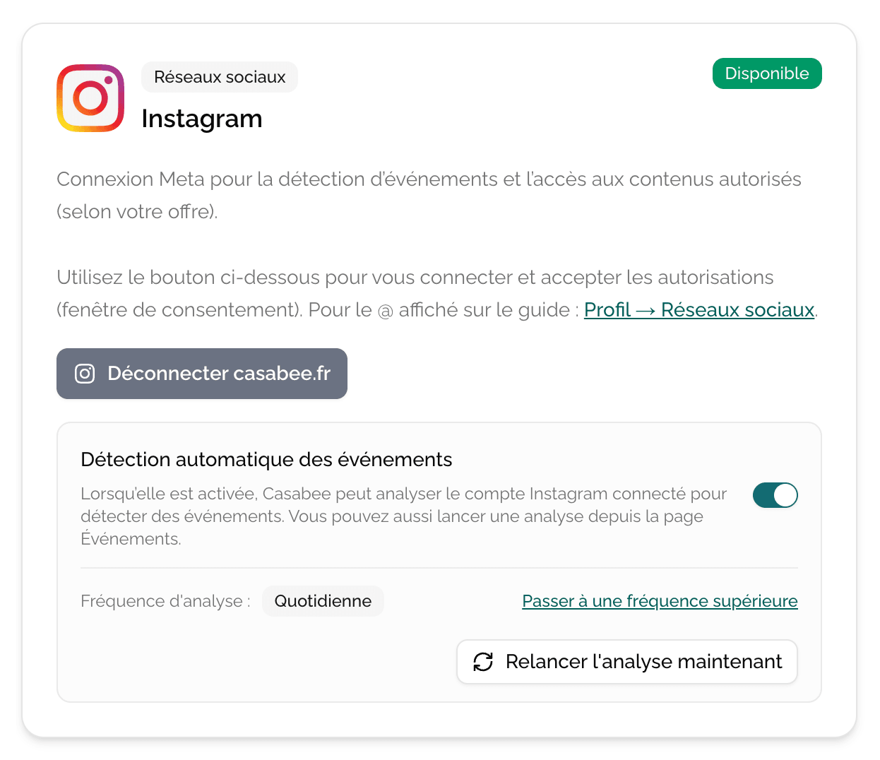 Instagram card with Automatic detection toggle activated