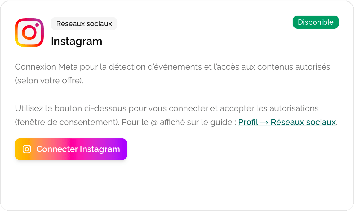Tarjeta Instagram en la página integraciones con estado Conectado