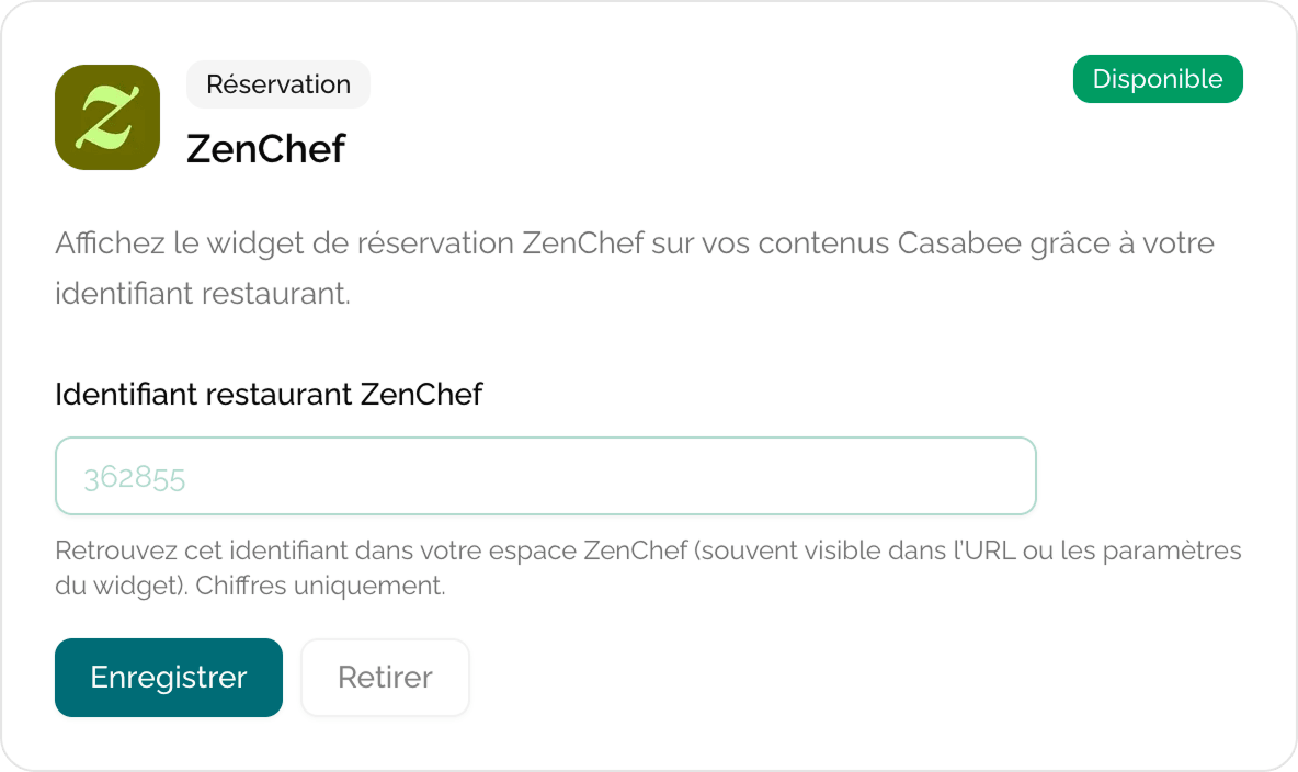 Tarjeta ZenChef con campo identificador de restaurante y botón Guardar