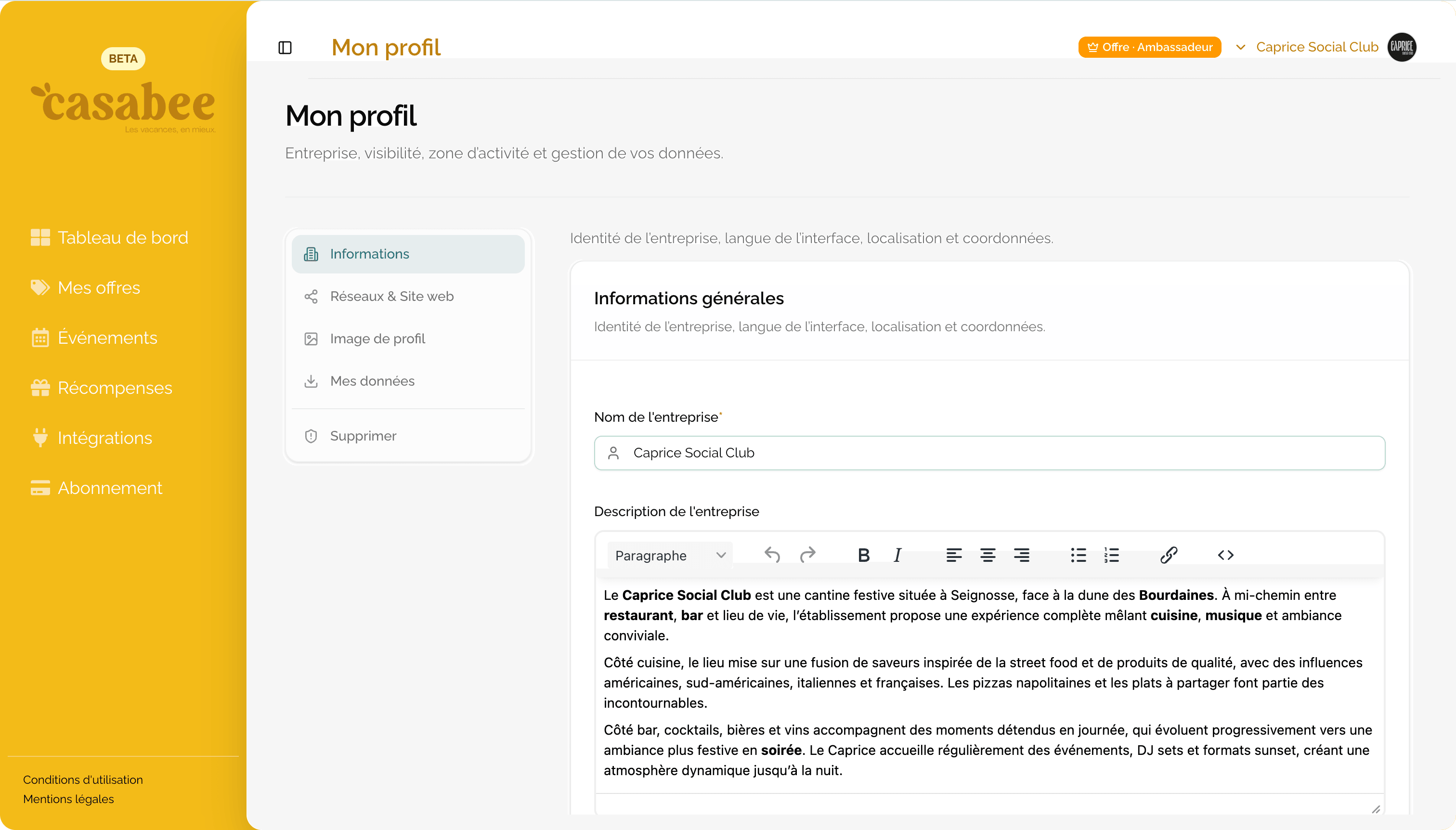 Pestaña Información general del perfil pro con los campos principales