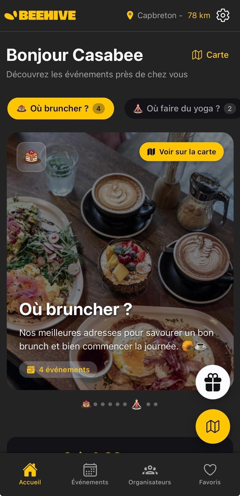 BeeHive home screen with the gift icon at the bottom right