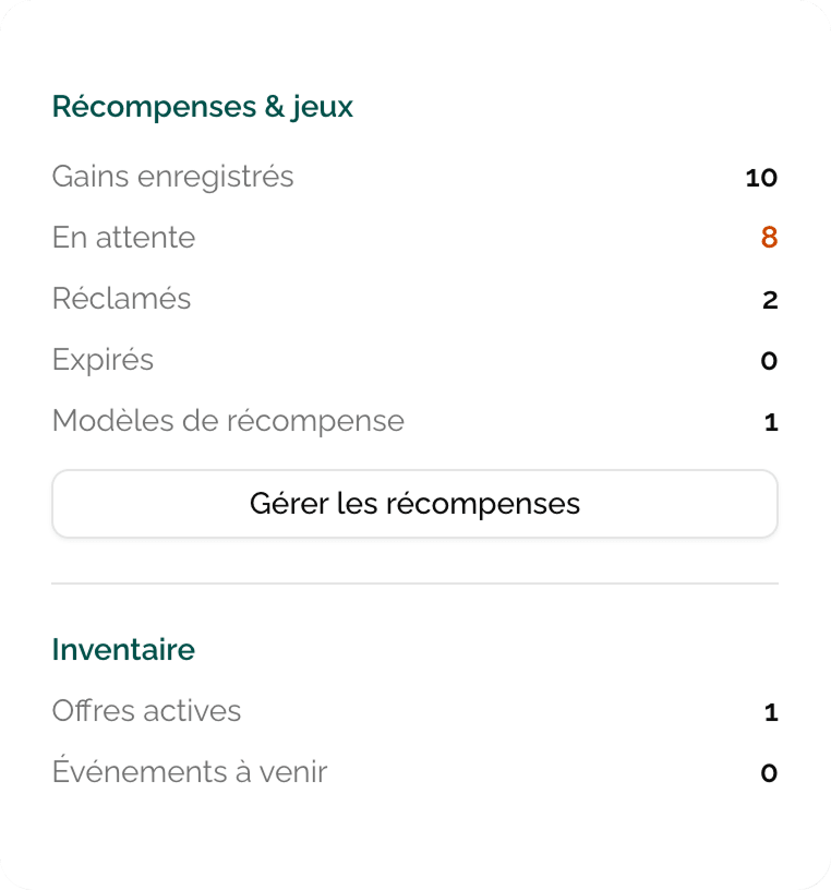 Rewards & games widget in the partner dashboard with recorded, pending, claimed and expired wins