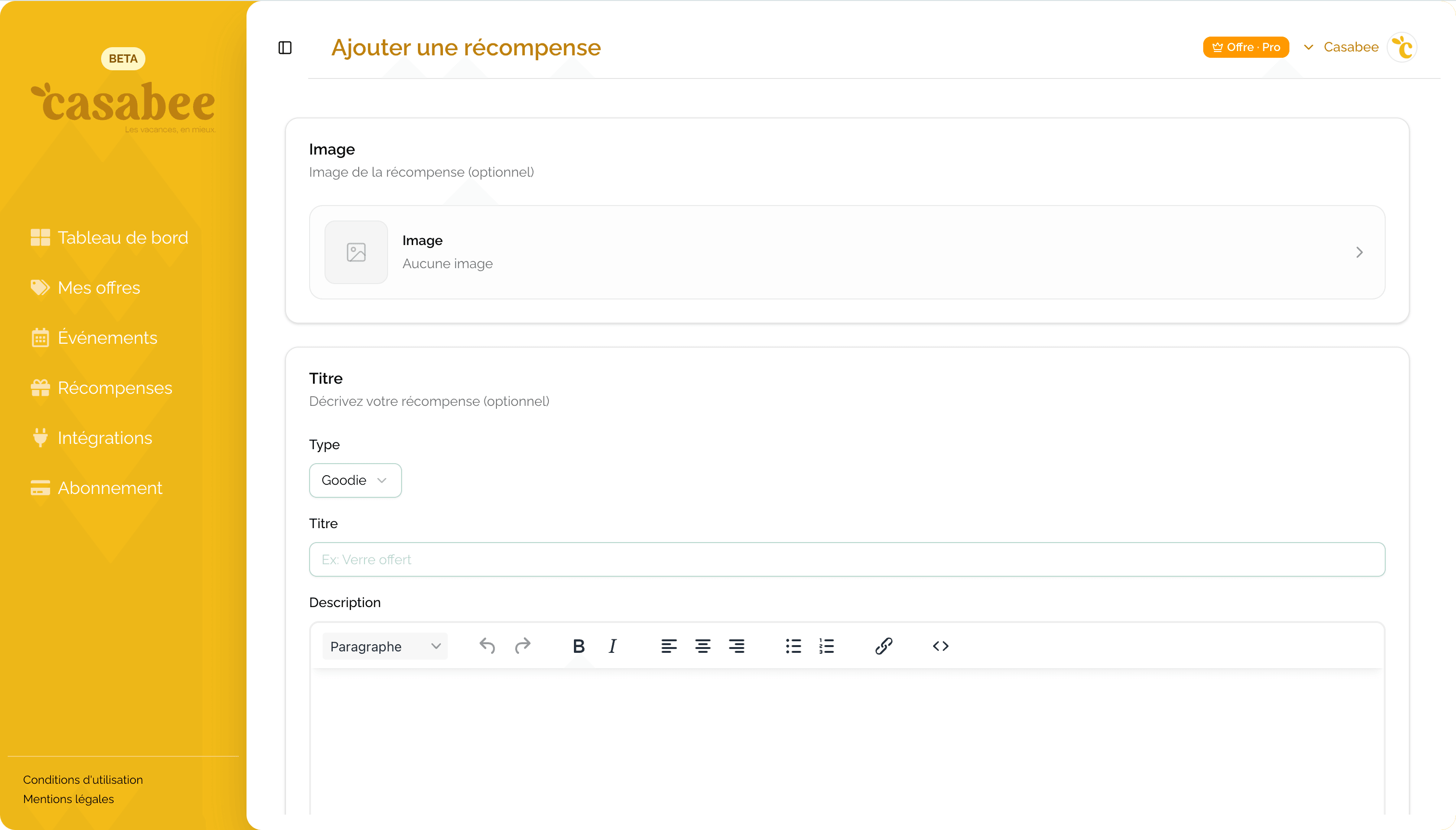 Reward creation form with the main fields