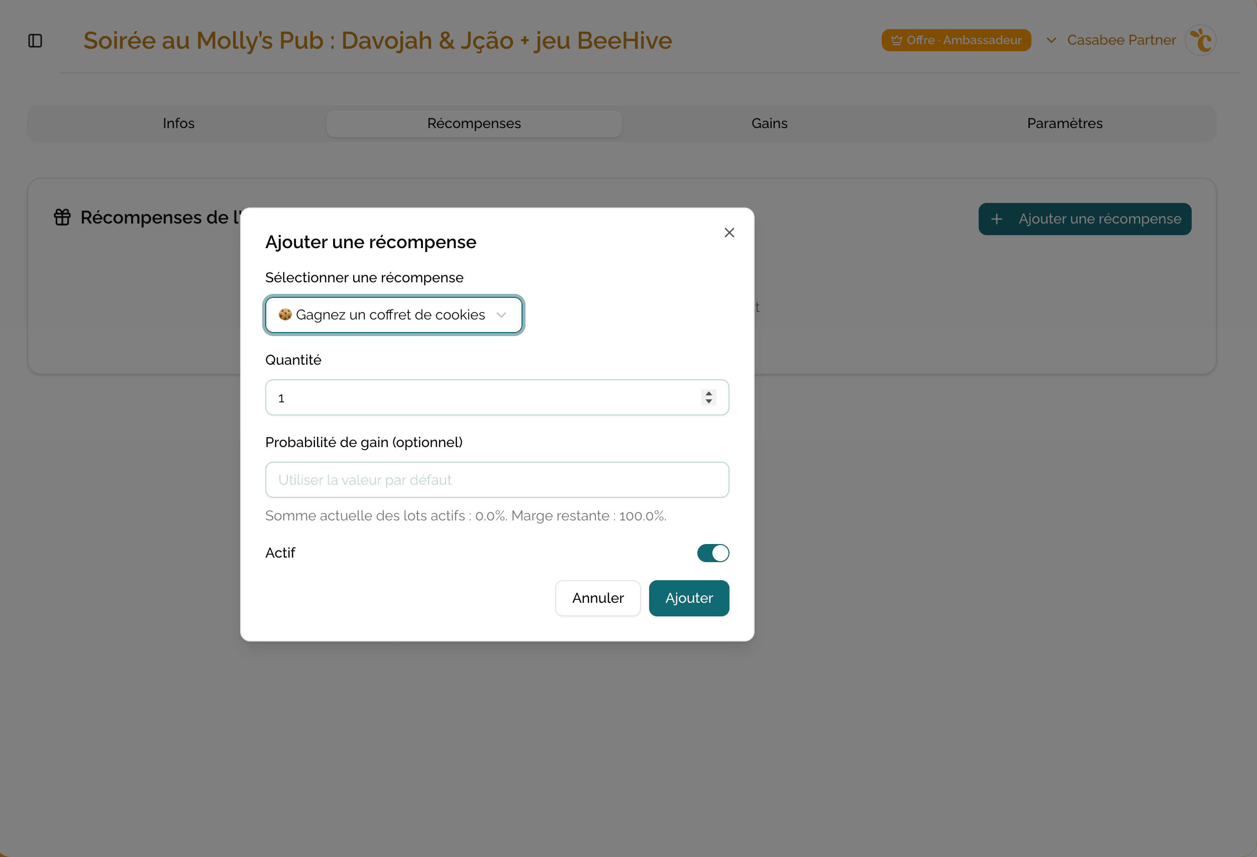 Add reward modal with selection, quantity, win probability and Active switch