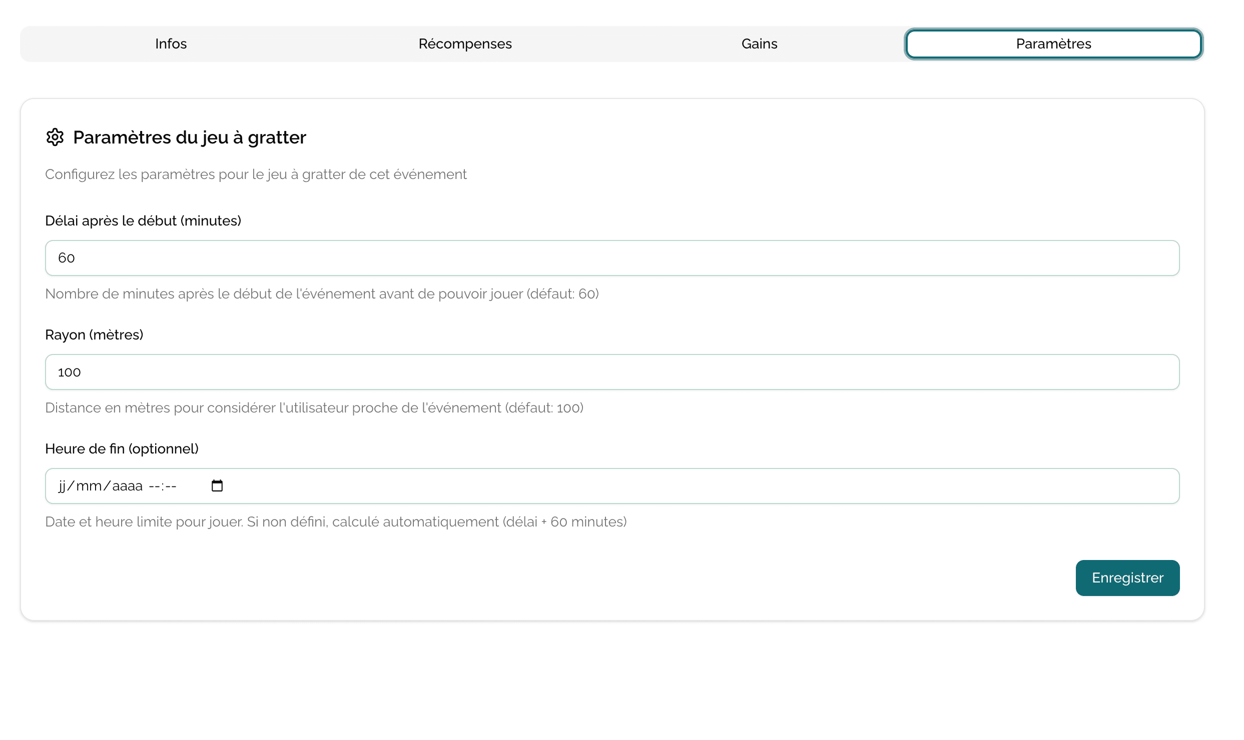 Settings tab with the Delay after start, Radius and End time fields