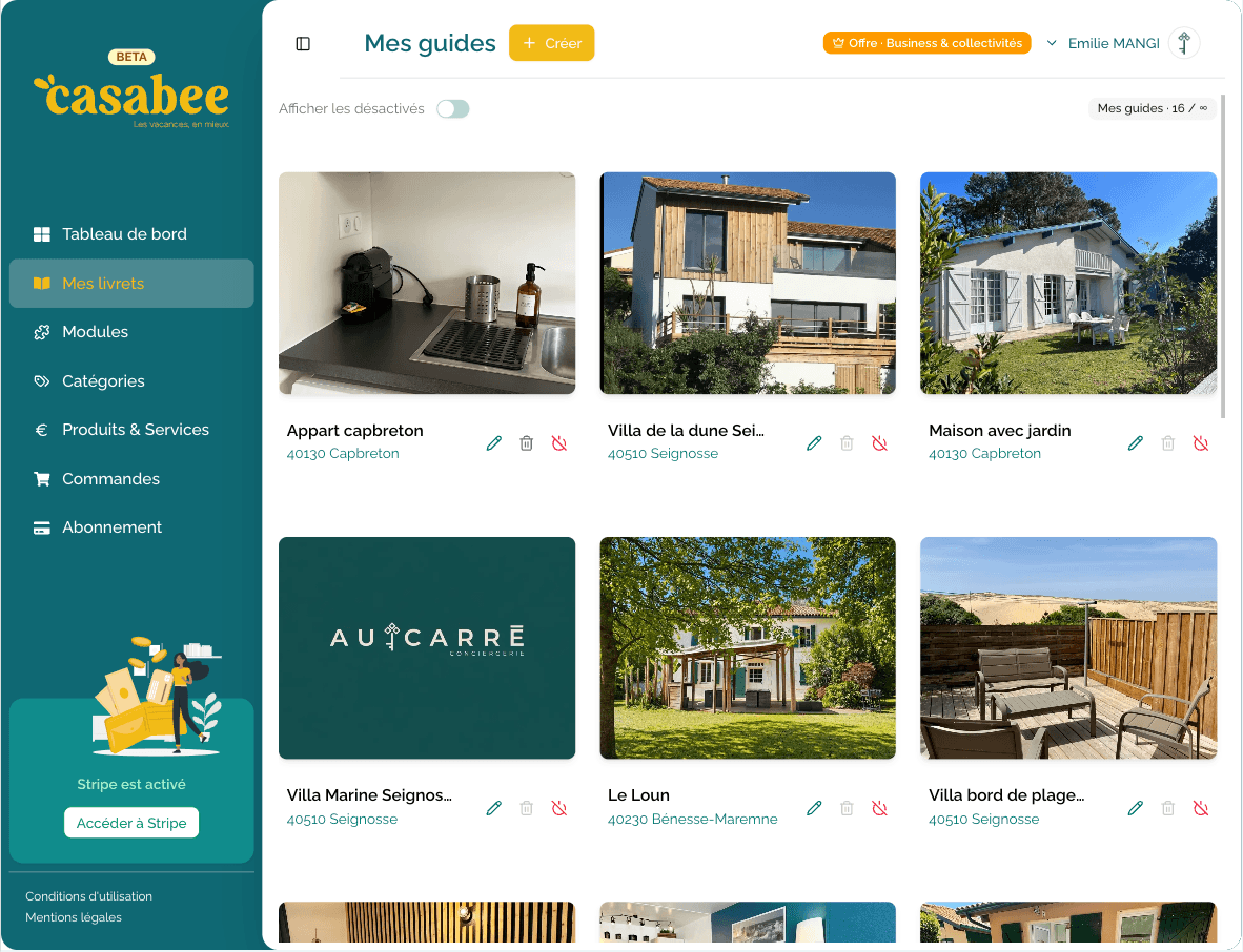 Tableau de bord Casabee d'une conciergerie Airbnb : plusieurs livrets d'accueil gérés au même endroit